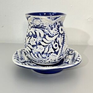 Vintage Ceramic  Cup and Saucer Set Blue and White Ornate Pattern Bathroom Set
